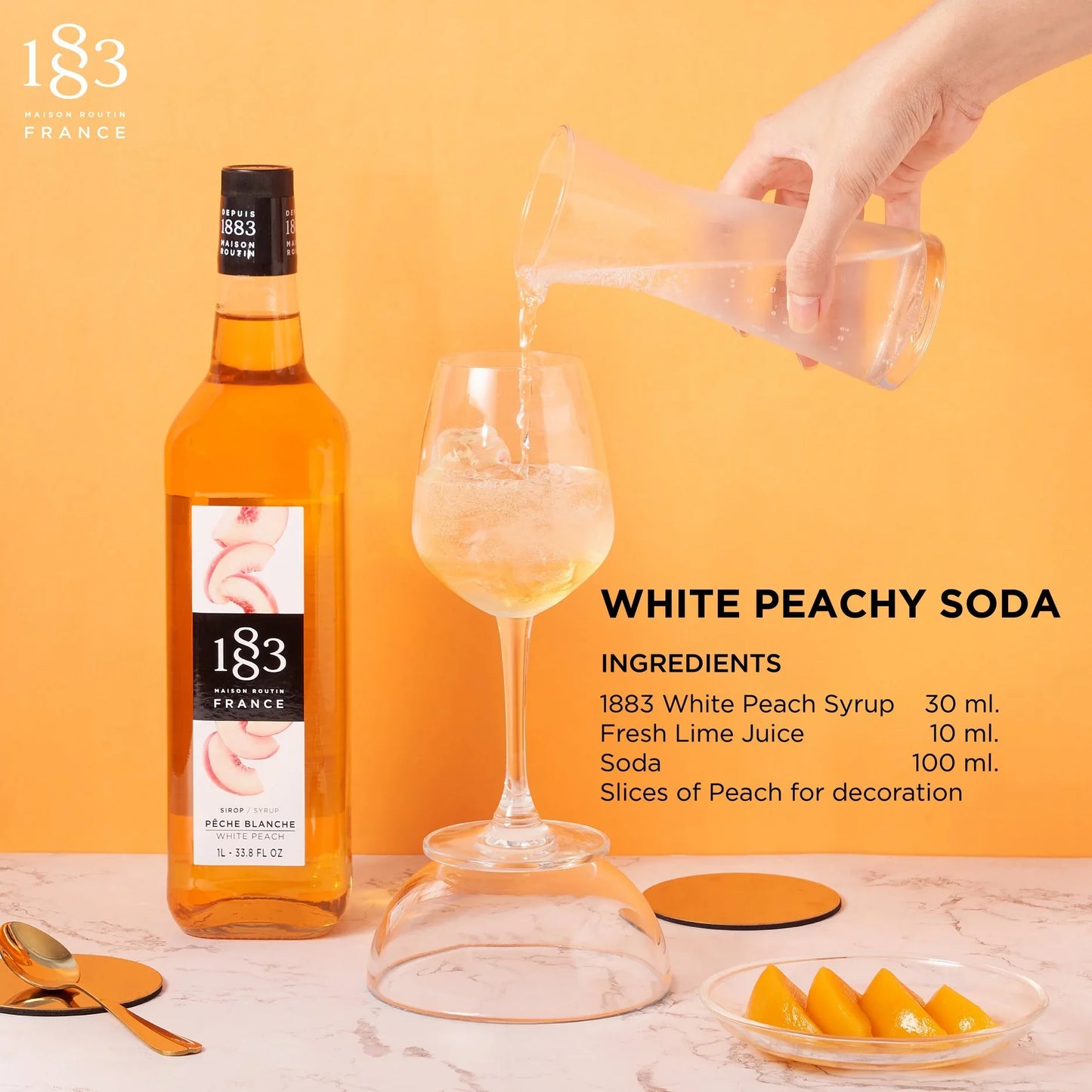 1883 White Peach Syrup 1L Glass Bottle