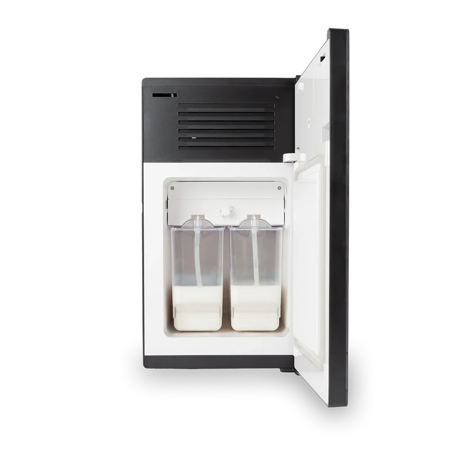 Black Bellucci Milk Fridge Interior View Showing Two Milk Containers