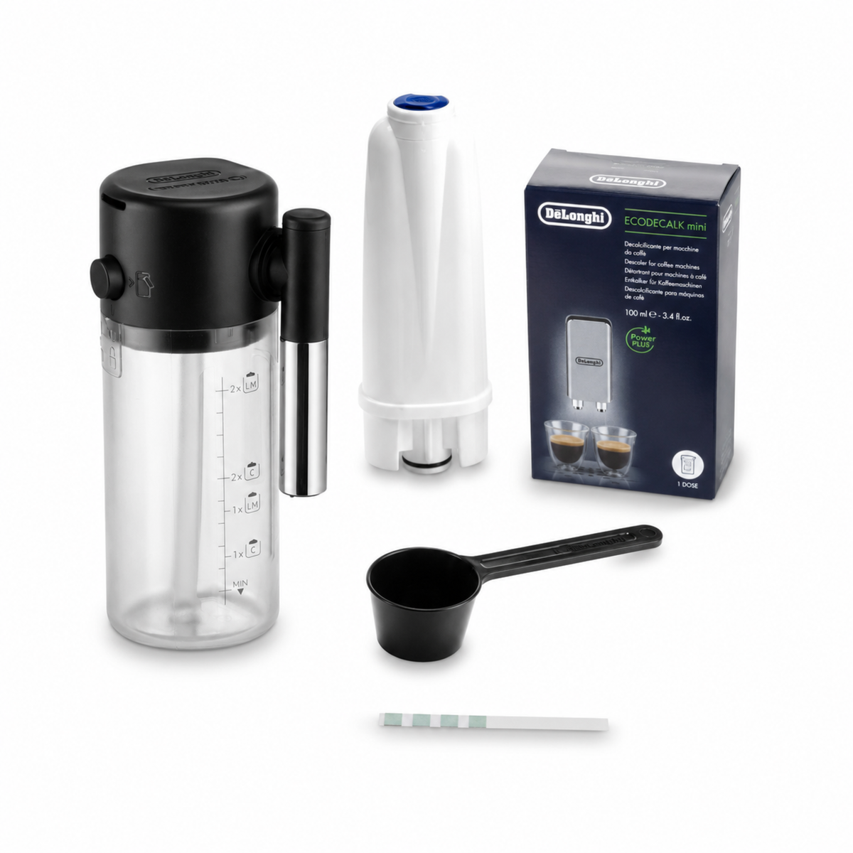De'Longhi accessories on a white background, including a clear and black carafe, a white filter, a black scoop, a water test strip, and box of descaler.