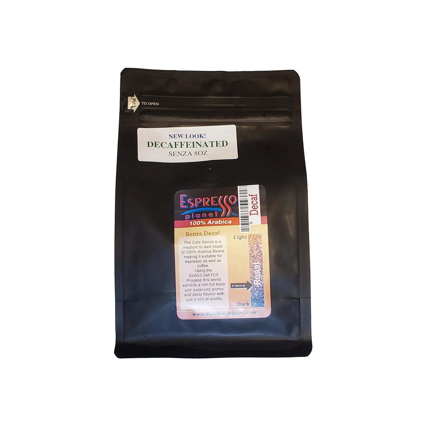 Espresso Planet Decaf Blend - Cafe Senza Decaffeinated Beans 8oz Bag