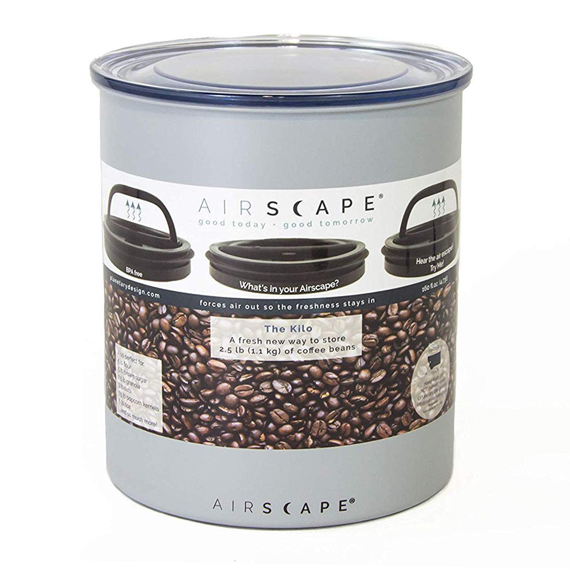 Planetary Design AirScape Kilo Galvanized Steel 80oz Large Coffee Canister 8" - Ash Matte Grey