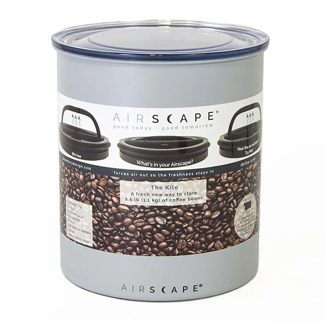 Planetary Design AirScape Kilo Galvanized Steel 80oz Large Coffee Canister 8" - Ash Matte Grey