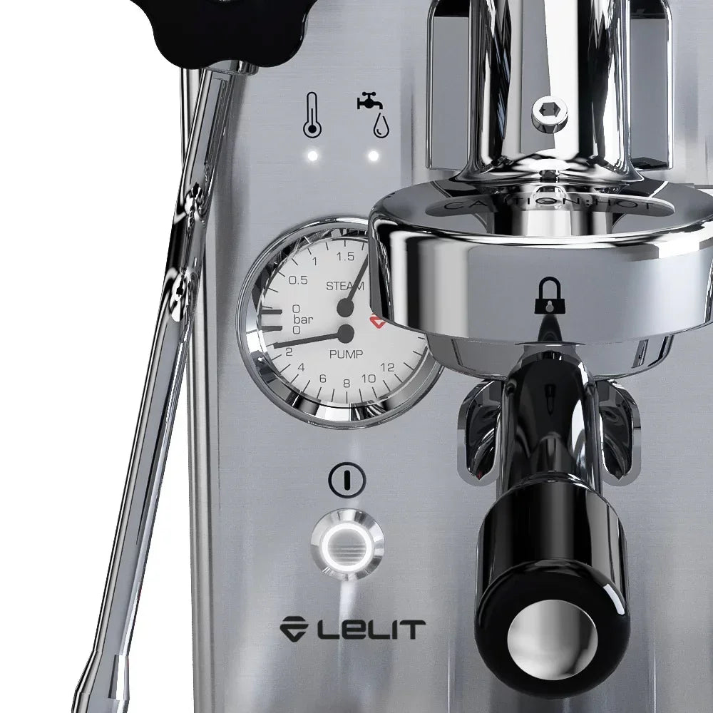 Close-up of a Lelit espresso machine with steam wand.