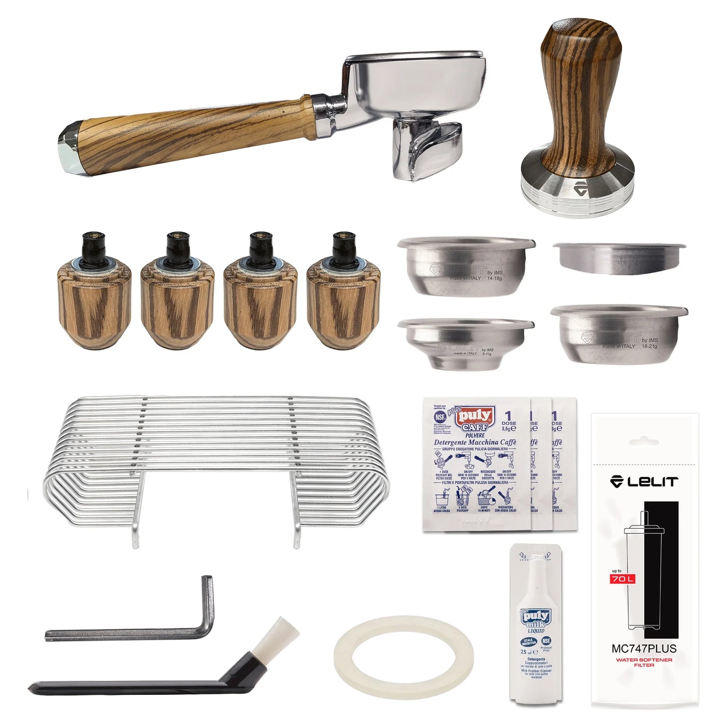 Collection of coffee brewing tools and accessories on a white background