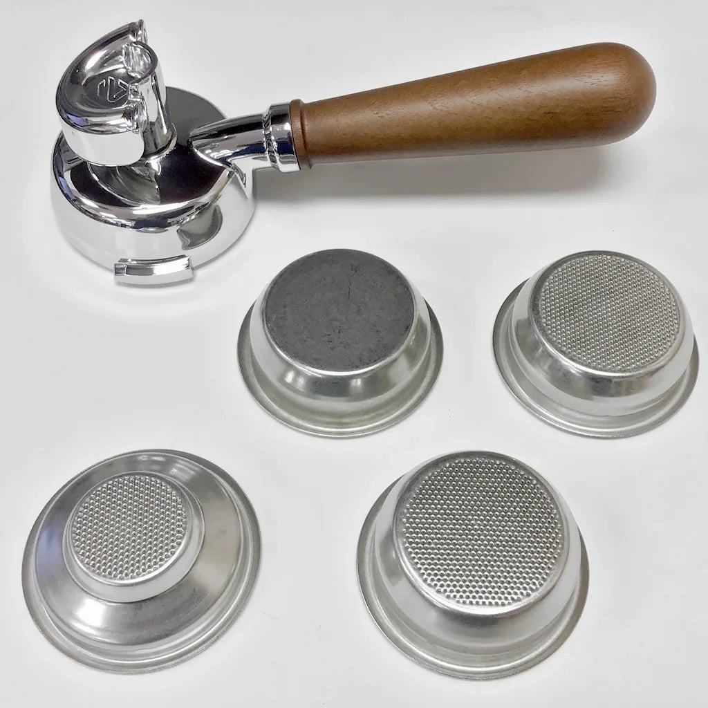 Lelit Walnut Handle 58mm Double Spout Portafilter Kit with 4 Baskets - LEPLA582W