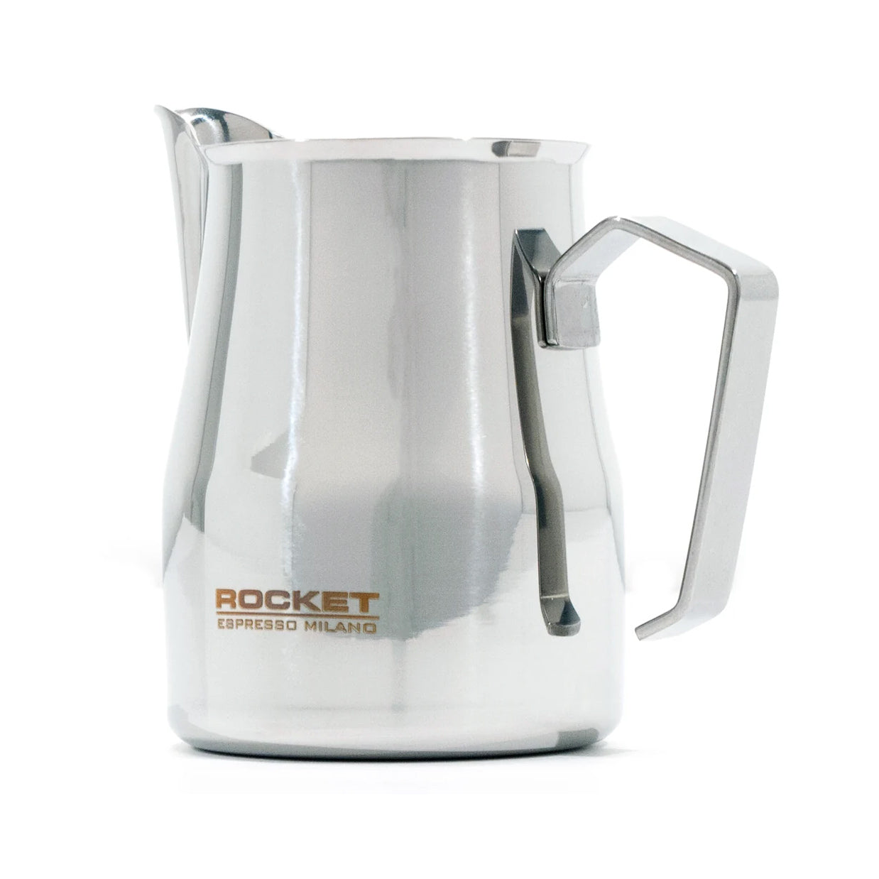 A polished stainless steel milk pitcher with a curved handle and spout, featuring the 'ROCKET ESPRESSO MILANO' logo printed in gold on the front, set against a plain white background.