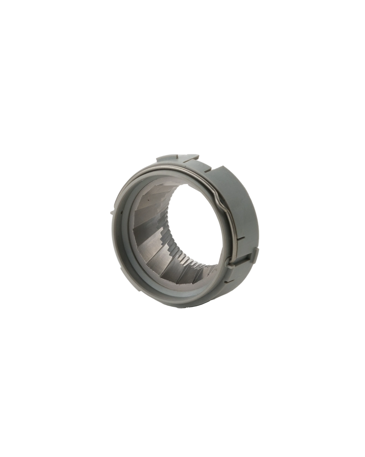 A gray plastic ring-shaped mechanical component with internal teeth or slots, shown on a plain white background.