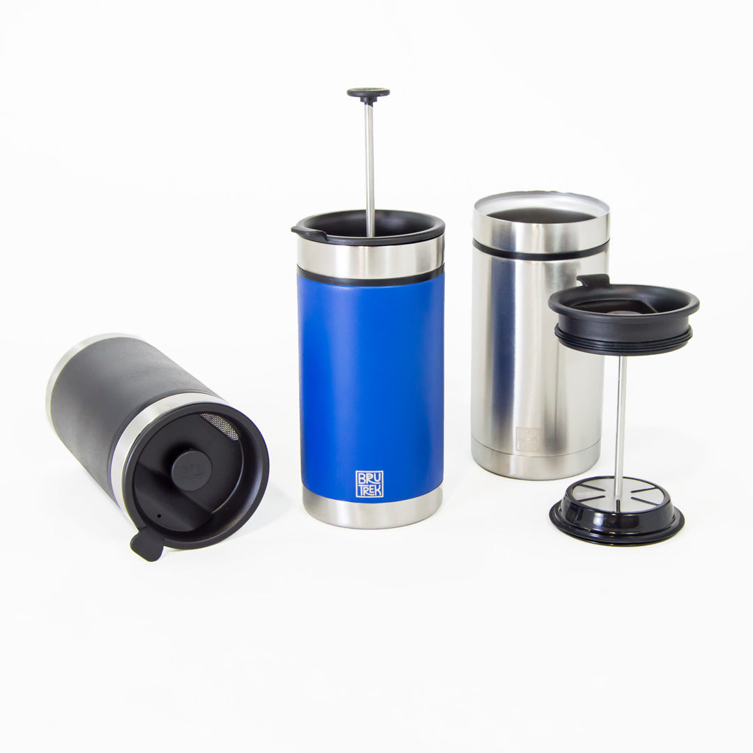 Planetary Design Steel Toe Travel Press with Bru-Stop 20 fl. oz. - Brushed Steel
