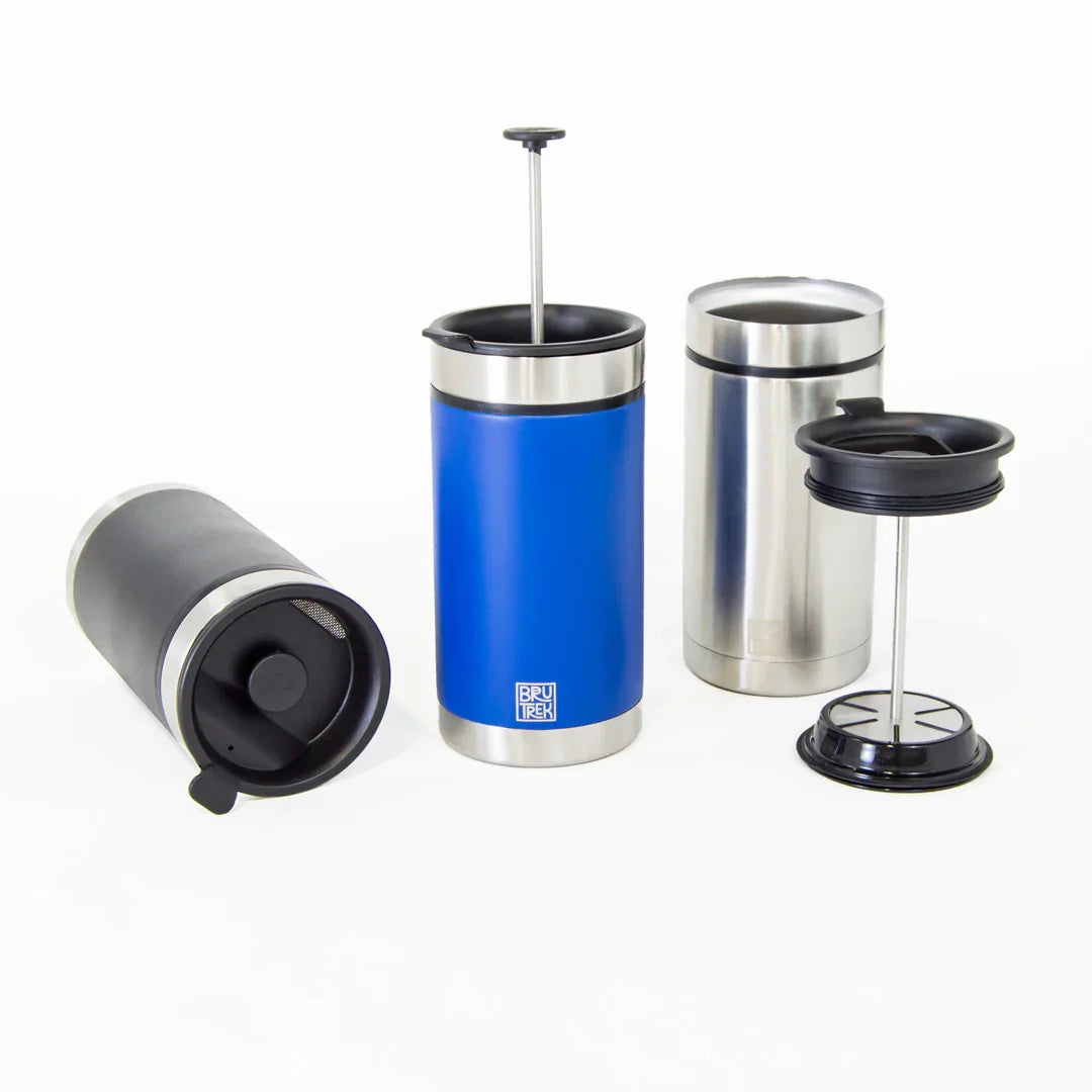 Planetary Design Steel Toe Travel Press with Bru-Stop 20 fl. oz. - Brushed Steel