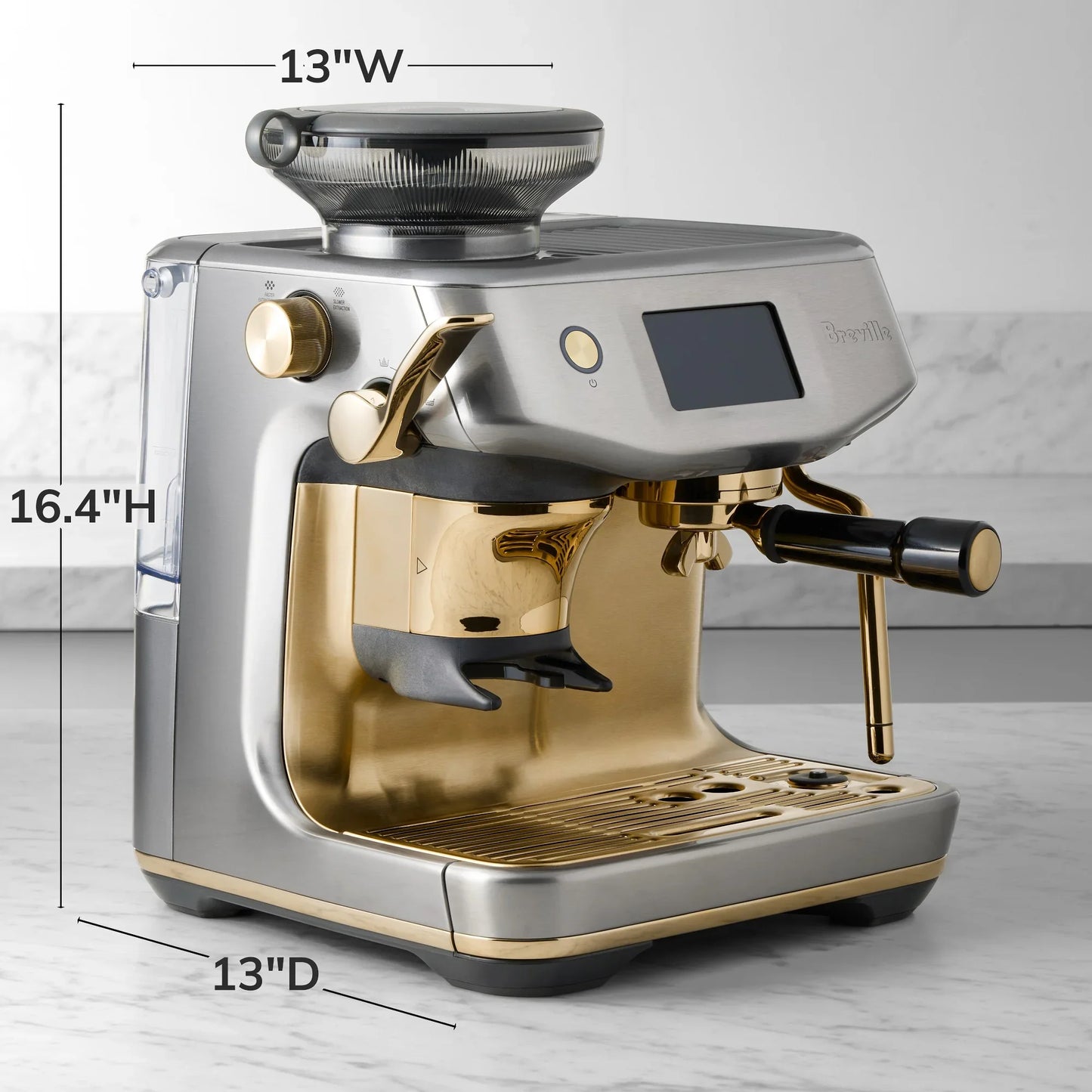 Espresso machine with dimensions labeled on a light gray background