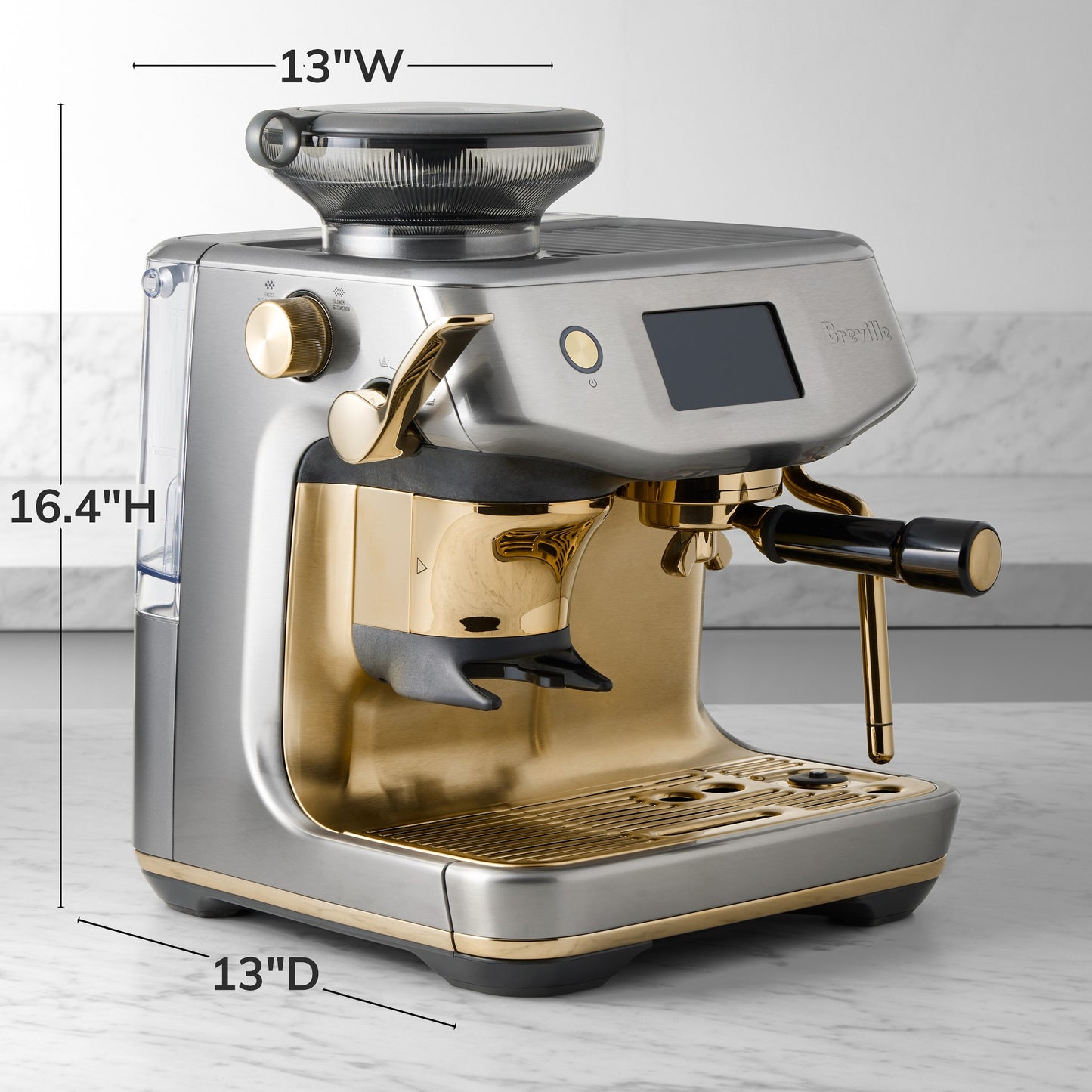 Espresso machine with dimensions labeled on a light gray background