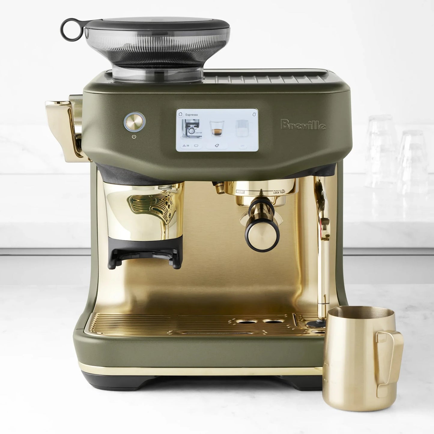 Breville - Barista Touch Impress Semi-Automatic Combo Espresso Machine with Grinder - Olive Tapenade + Brass Accents - BES881OLB