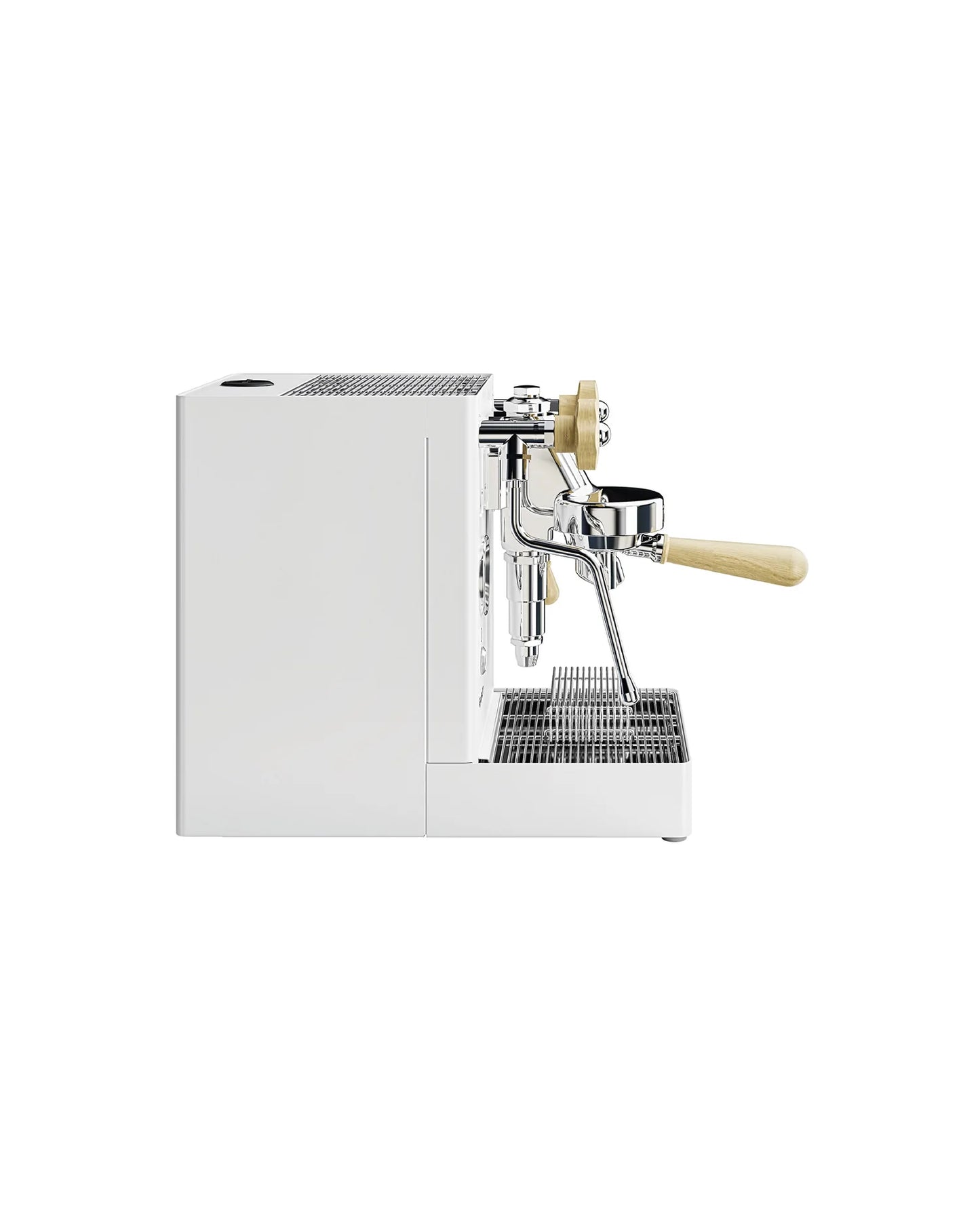 White espresso machine with a wooden handle on a white background
