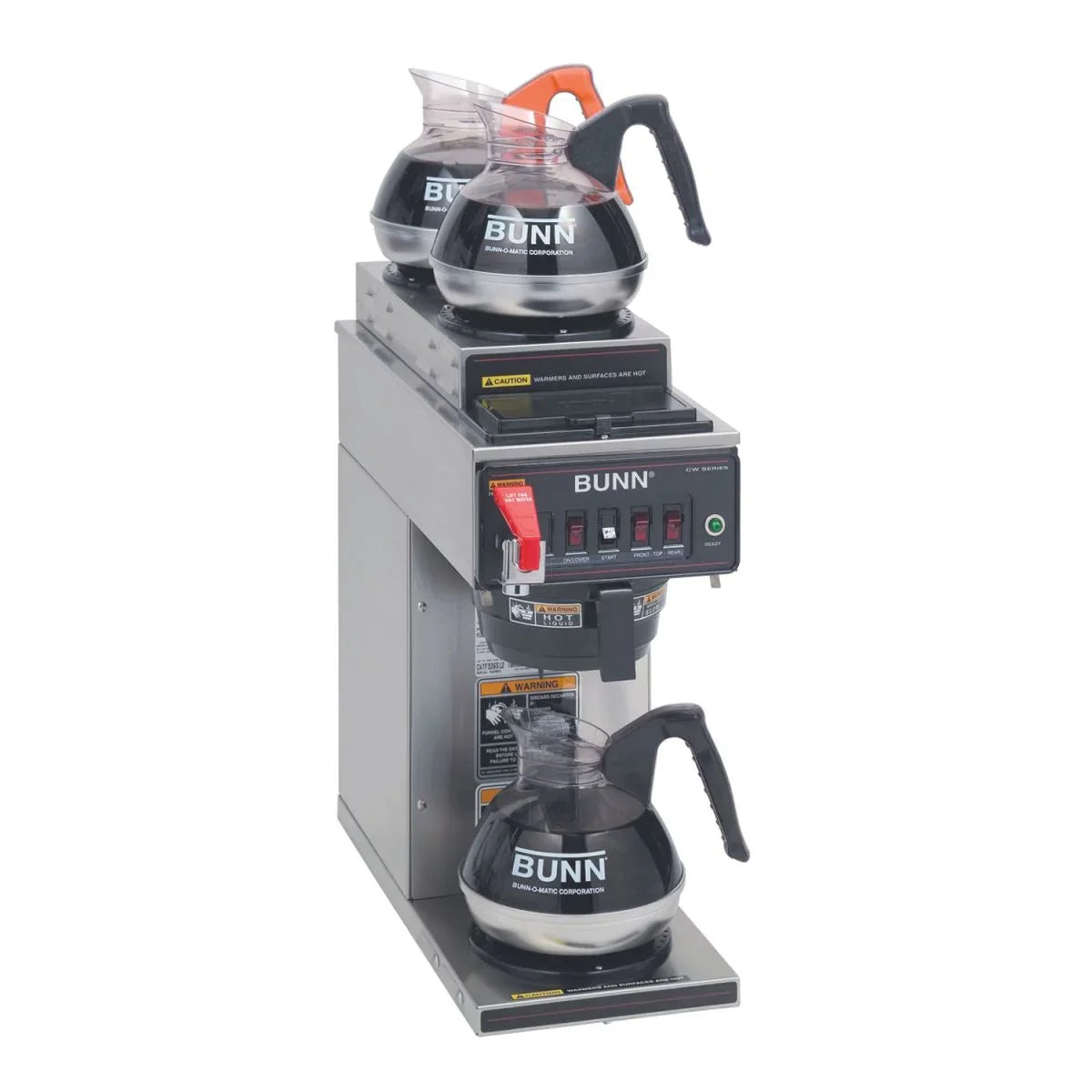 BUNN - Black 12 Cup Automatic Coffee Brewer with Two Upper & One Lower Warmer (Plastic Funnel) - 12950.6038