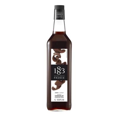 A bottle of 183 Chocolat Syrup, featuring a dark brown liquid inside a clear glass bottle with a black cap and a white label with chocolate illustrations.