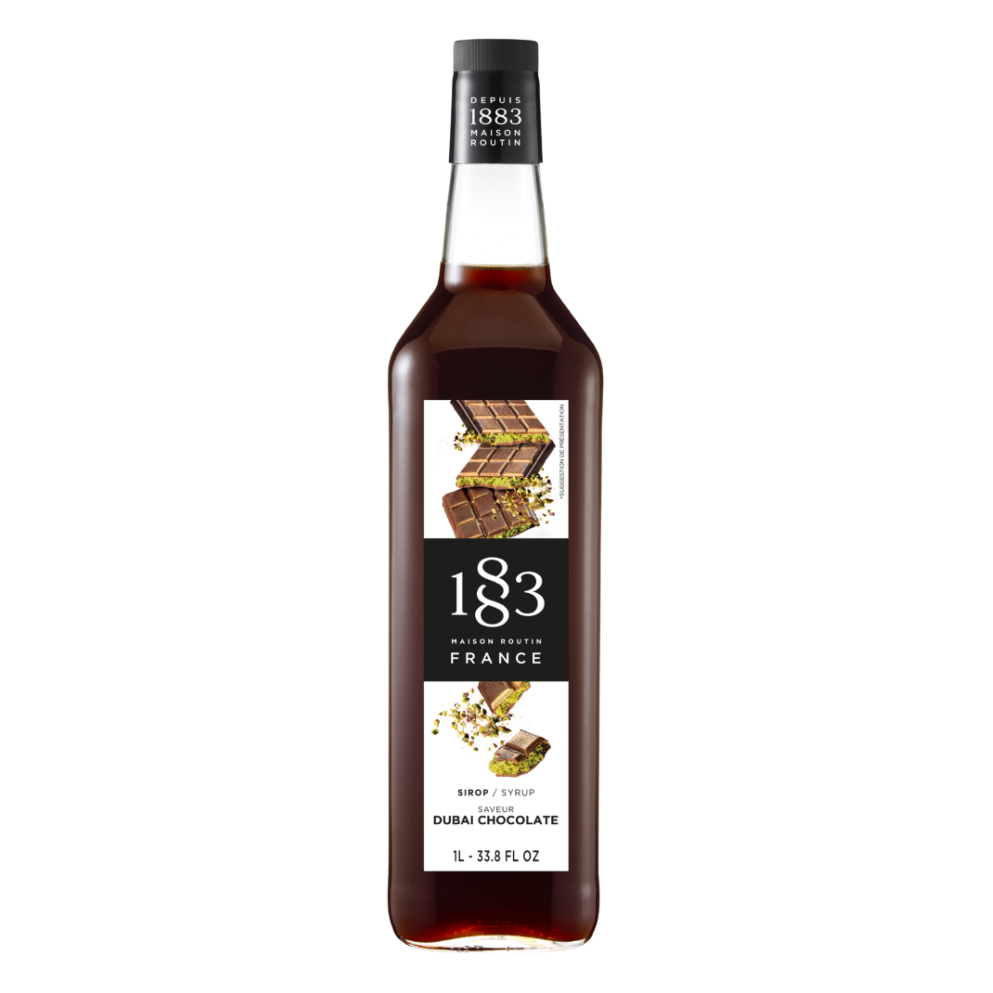 A bottle of 1883 Dubai Chocolate syrup, 1 liter (33.8 fl oz), featuring a dark brown liquid inside a clear glass bottle with a black cap and a white and black label showing chocolate imagery.