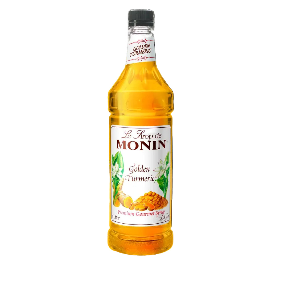 A bottle of Monin Golden Turmeric gourmet syrup on a white background.