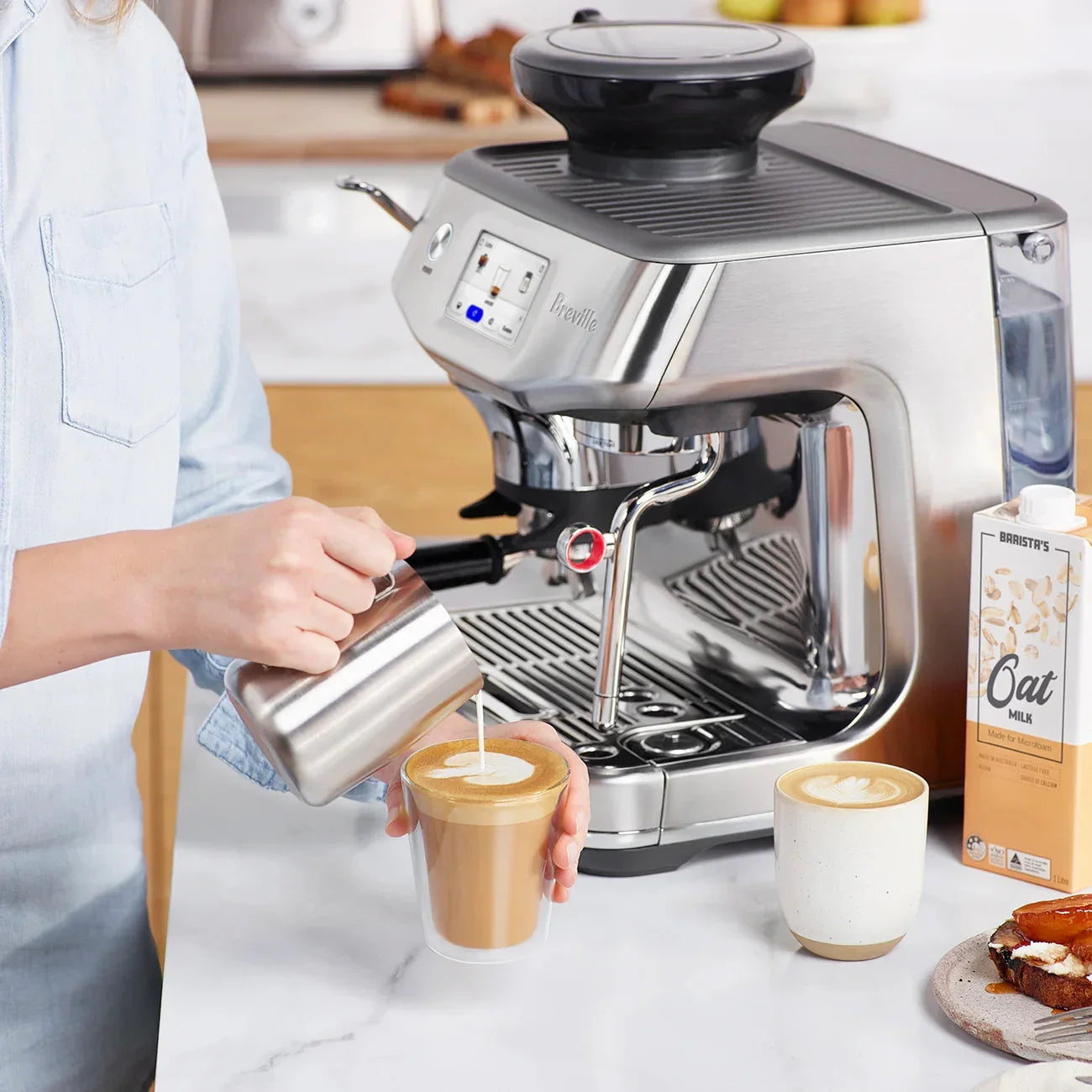 Breville - Barista Touch Impress Semi-Automatic Combo Espresso Machine with Grinder - Brushed Stainless Steel - BES881BSS