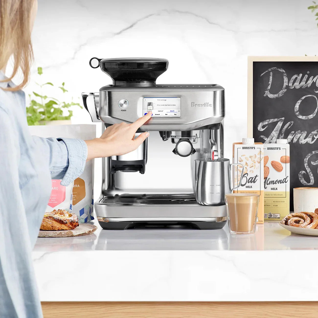 Breville - Barista Touch Impress Semi-Automatic Combo Espresso Machine with Grinder - Brushed Stainless Steel - BES881BSS