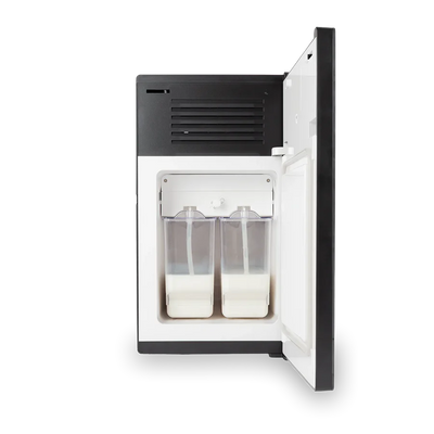 Black Bellucci Milk Fridge Interior View Showing Two Milk Containers