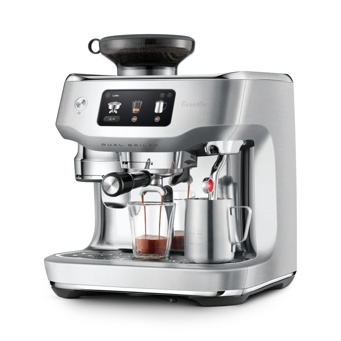 Silver Breville espresso machine on a white background