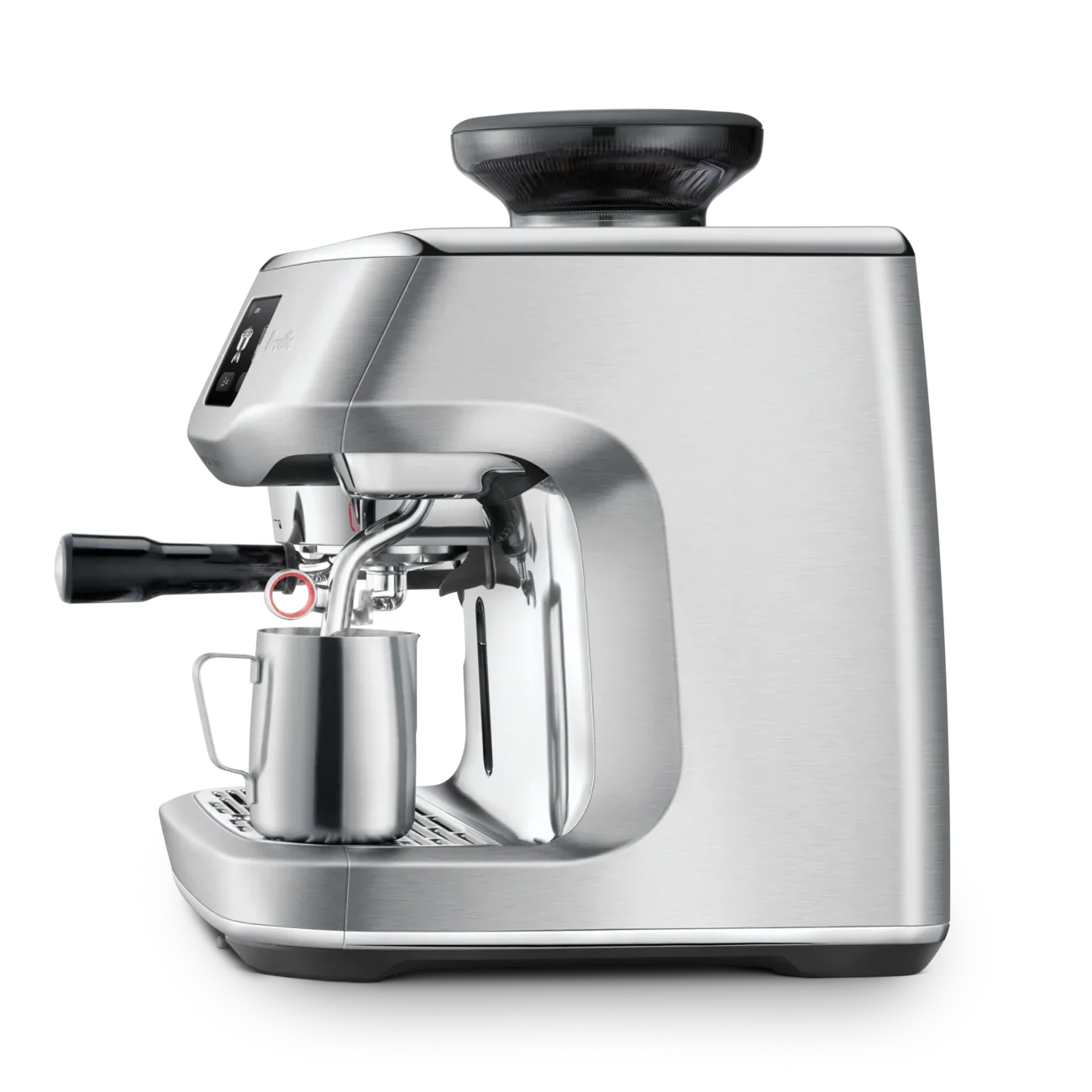 Silver espresso machine on a white background