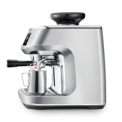 Silver espresso machine on a white background