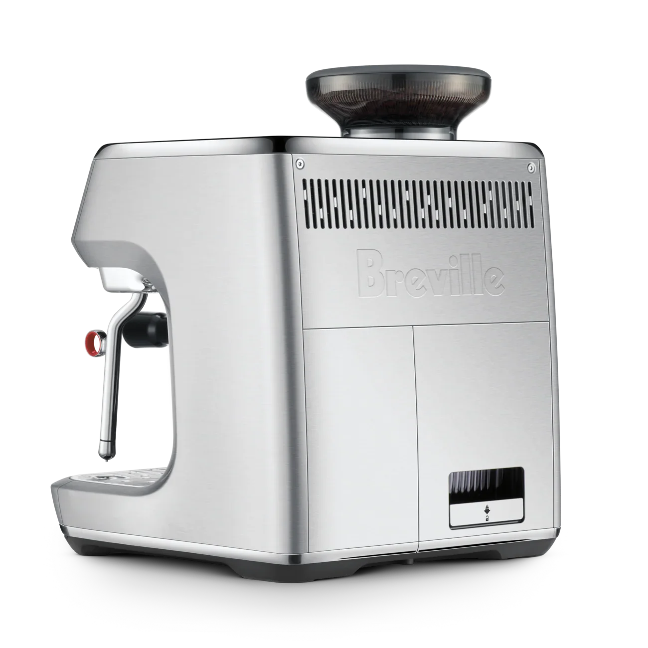Silver Breville espresso machine on a white background