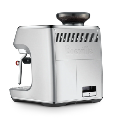 Silver Breville espresso machine on a white background