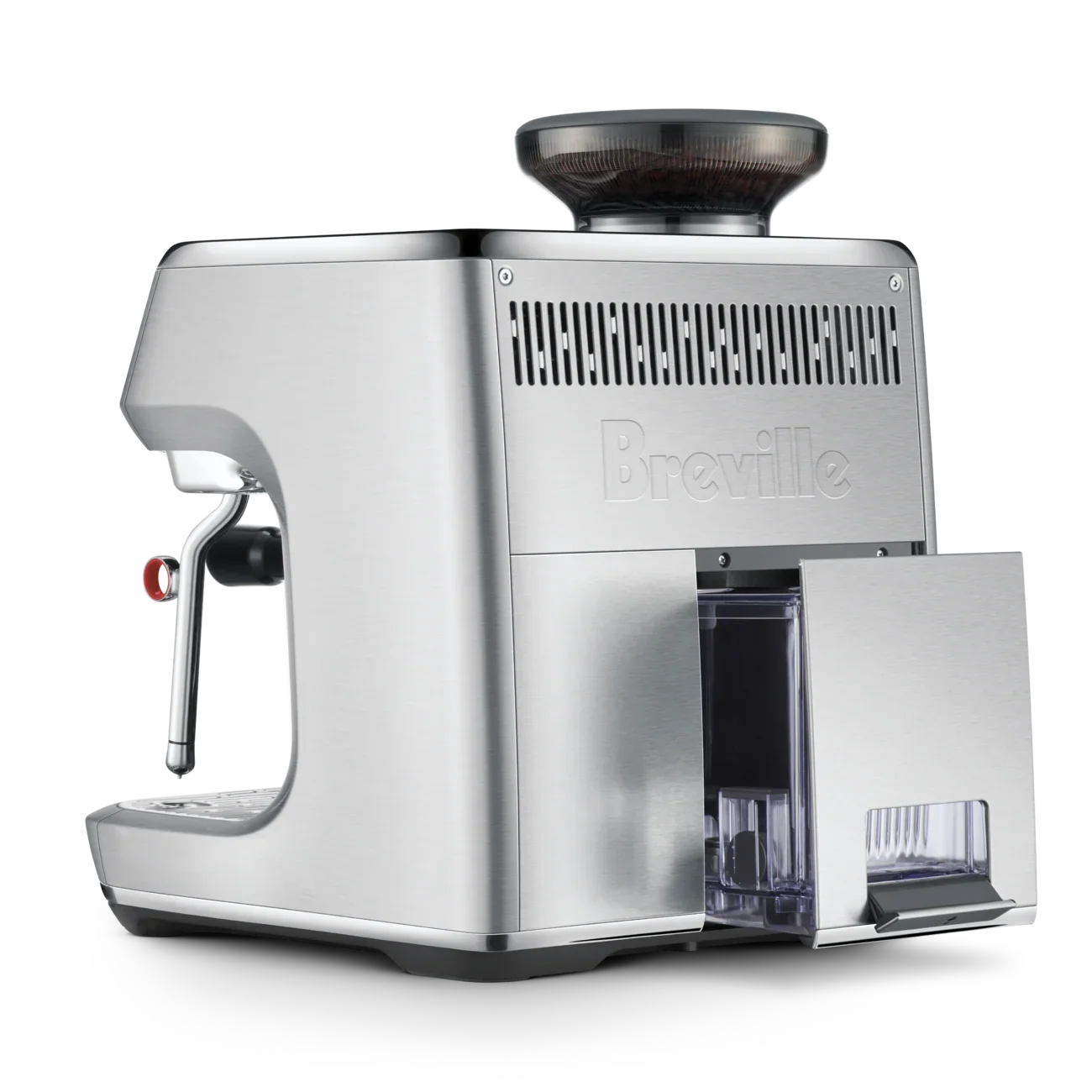 Silver Breville espresso machine on a white background