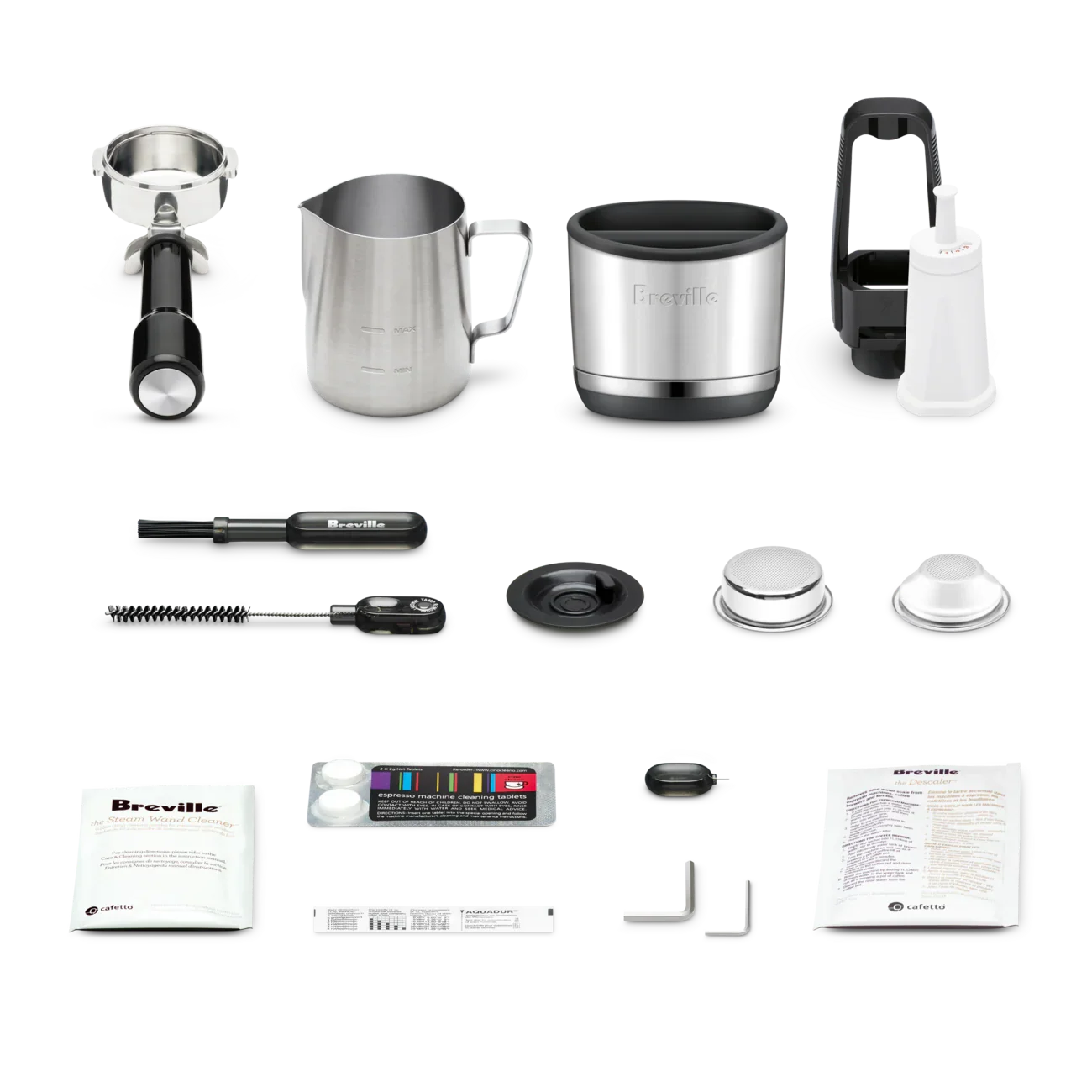 Collection of Breville coffee brewing tools and accessories on a white background