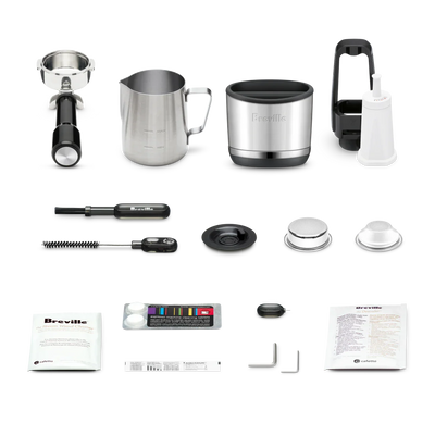 Collection of Breville coffee brewing tools and accessories on a white background
