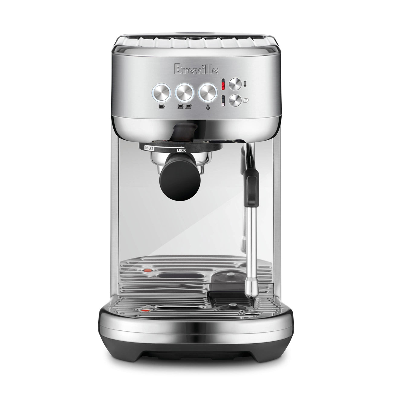 Stainless steel espresso machine with Breville branding on the front