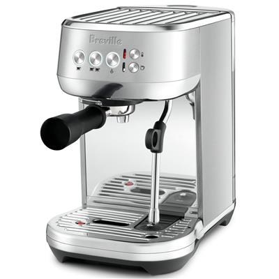 Stainless steel espresso machine with Breville branding, angled profile