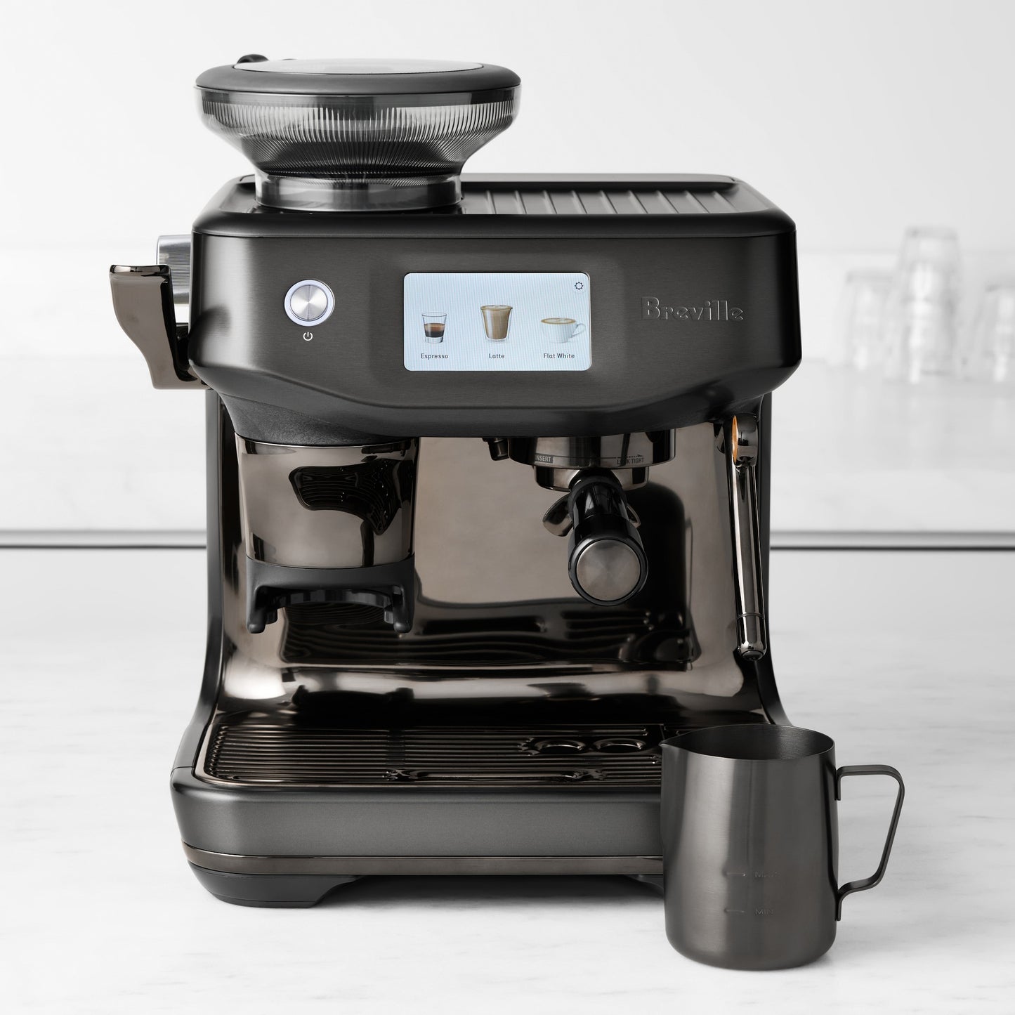 Breville coffee machine with a digital display on a white background