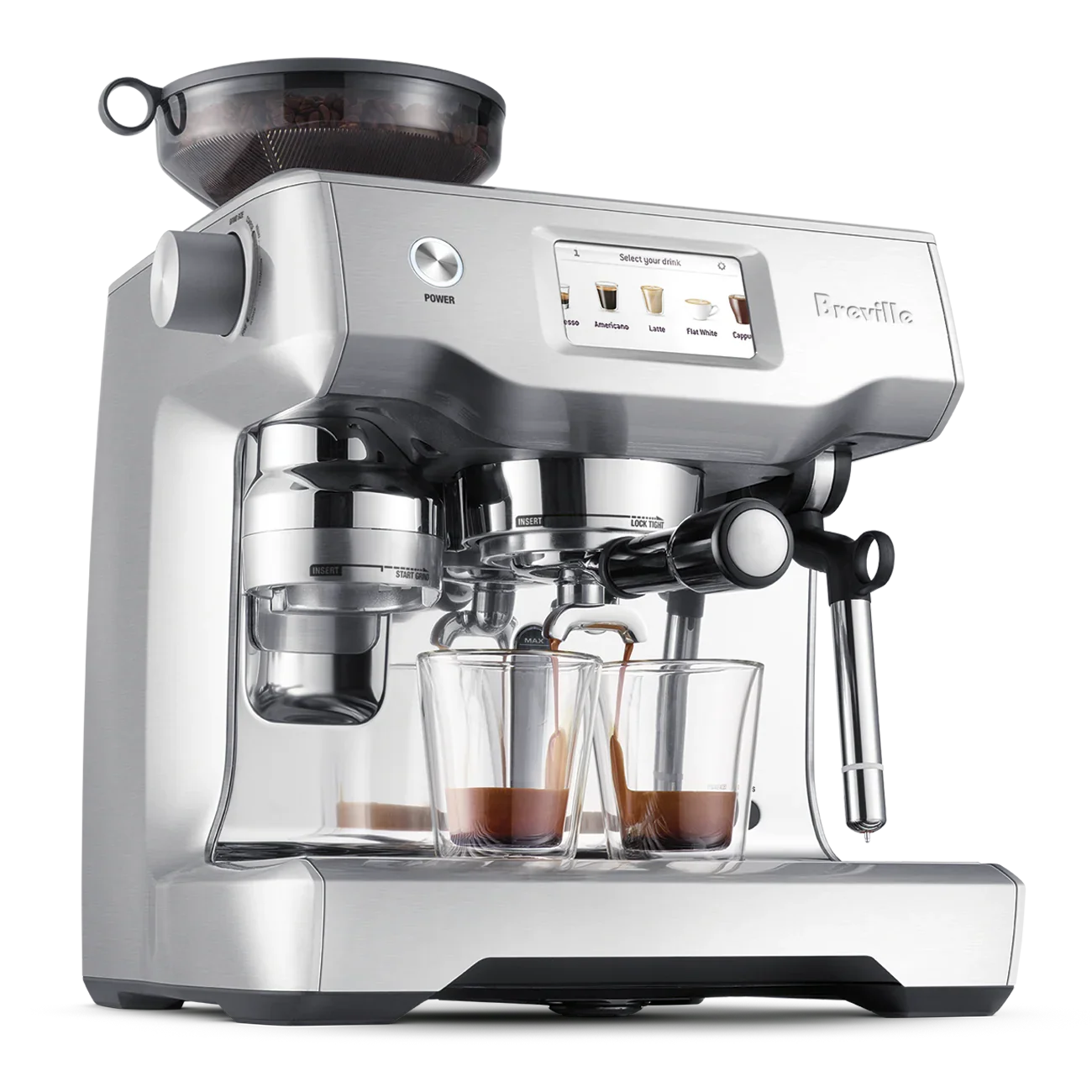 Silver Breville espresso machine with two glass cups on a white background