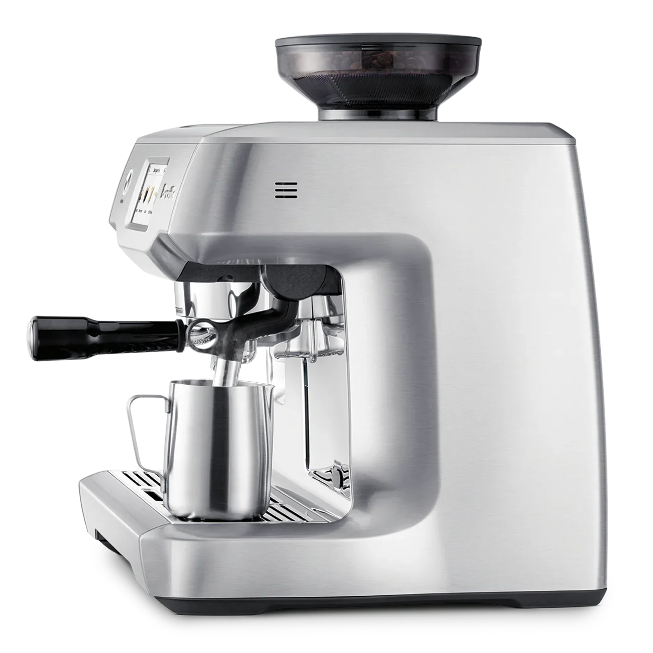 Silver espresso machine on a white background