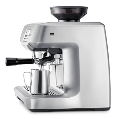 Silver espresso machine on a white background