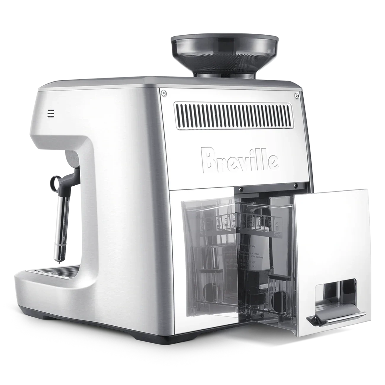 Silver coffee machine with a clear glass door on a white background