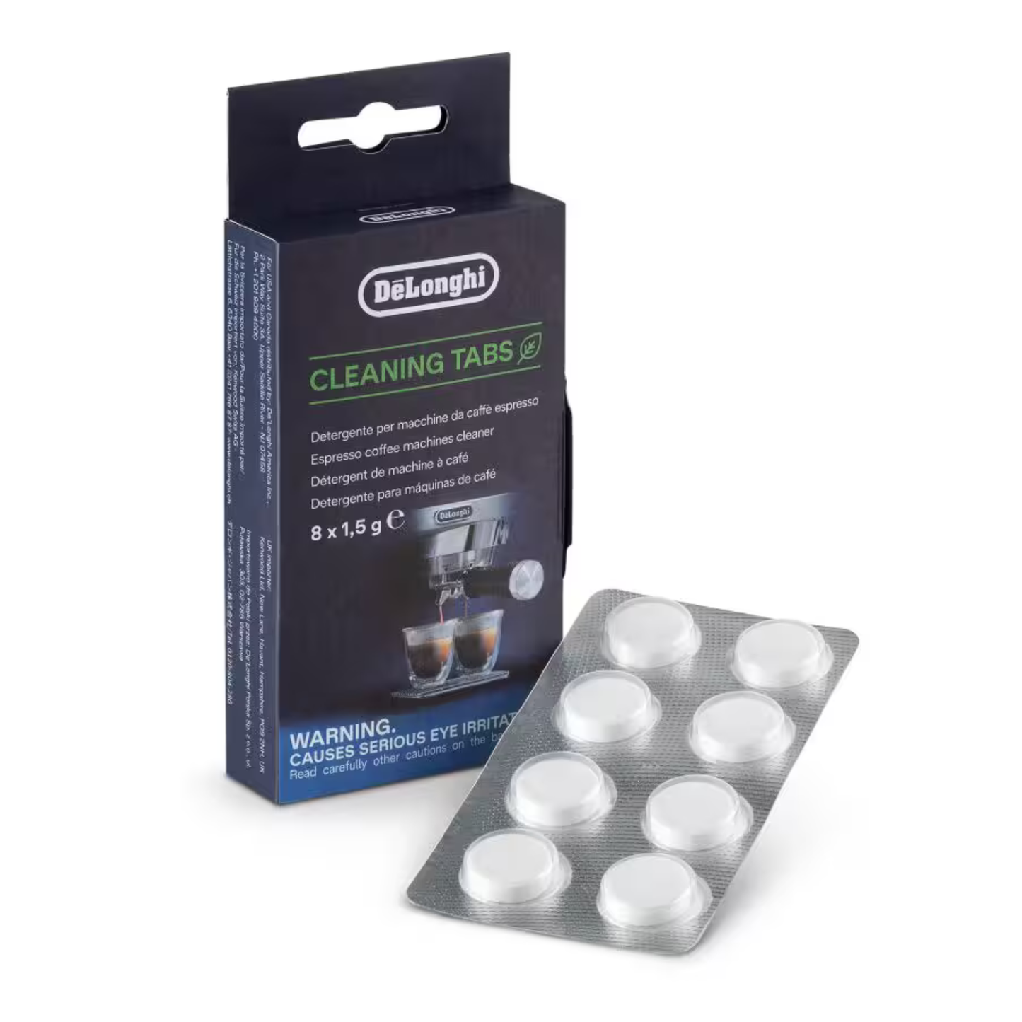 De'Longhi coffee machine cleaning tabs packaging with tabs displayed on a white background