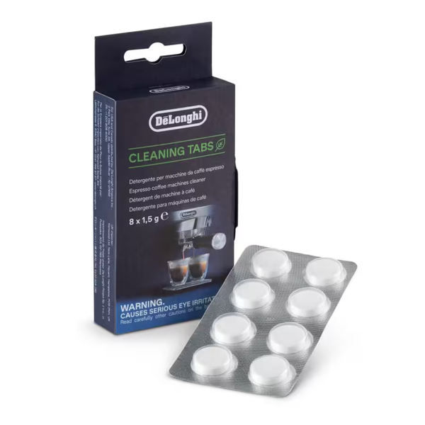 De'Longhi coffee machine cleaning tabs packaging with tabs displayed on a white background