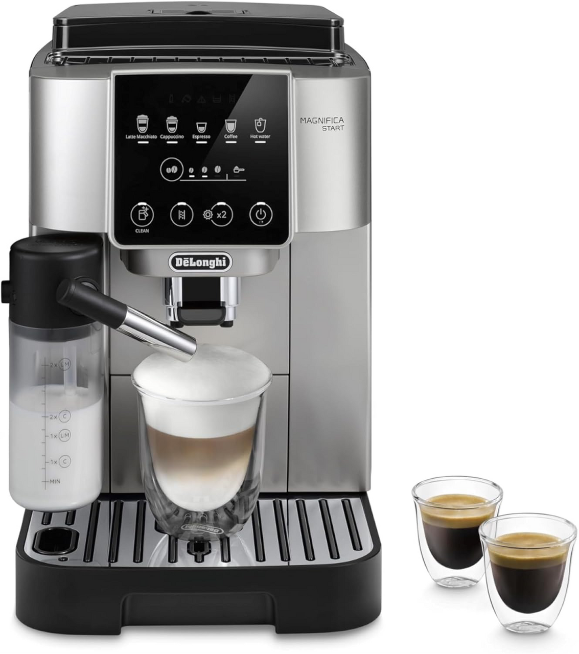 De'Longhi coffee machine with a glass of milk and two cups of coffee on a white background