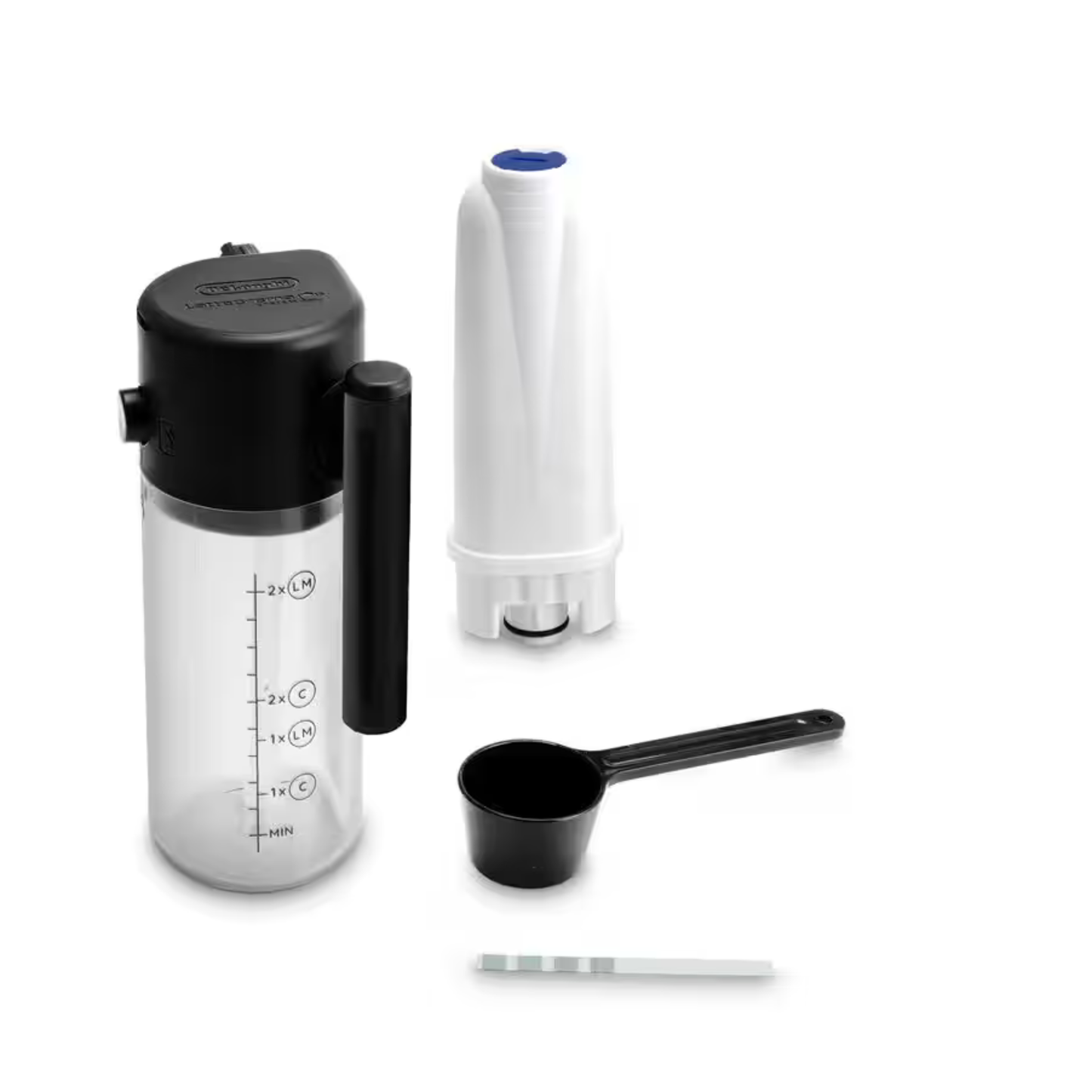 Clear milk container with black lid and handle, white cylindrical filter, water test strip, and black measuring spoon on a white background.