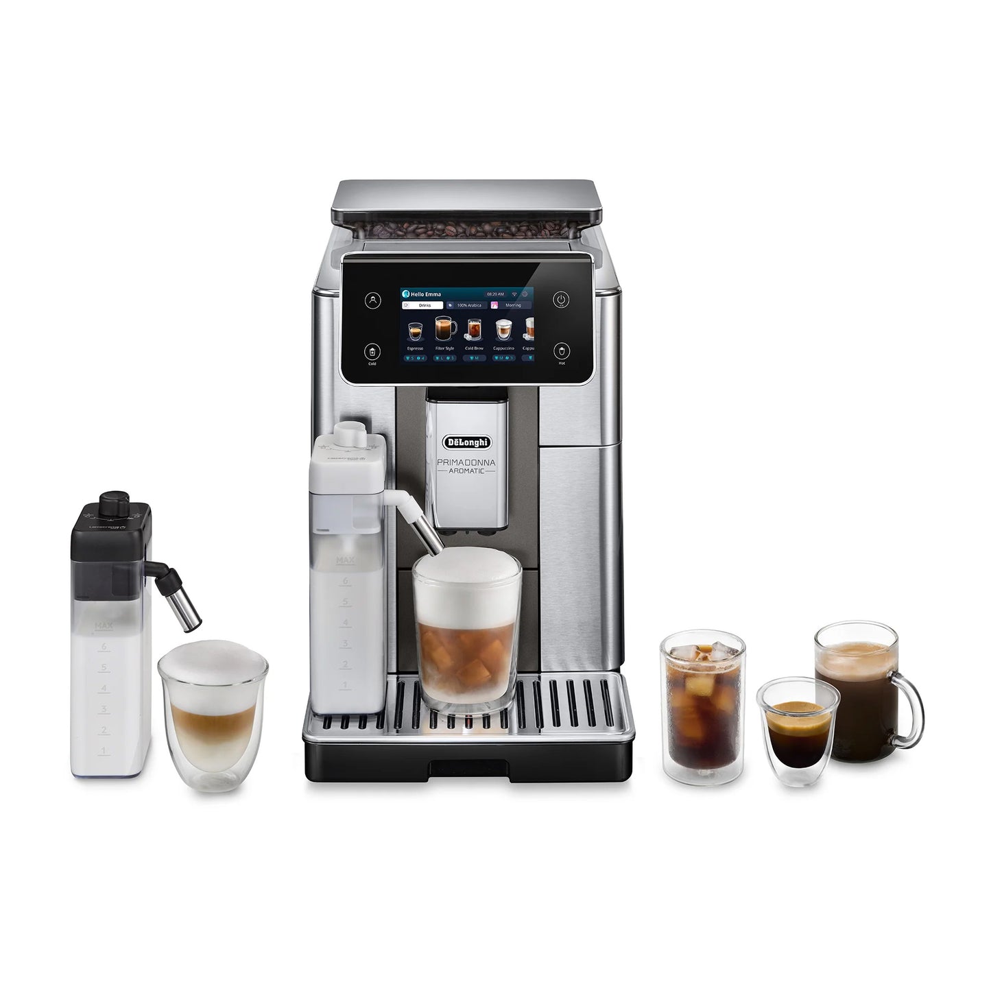 De'Longhi coffee machine with various coffee beverages on a white background