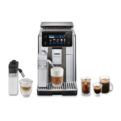 De'Longhi coffee machine with various coffee beverages on a white background