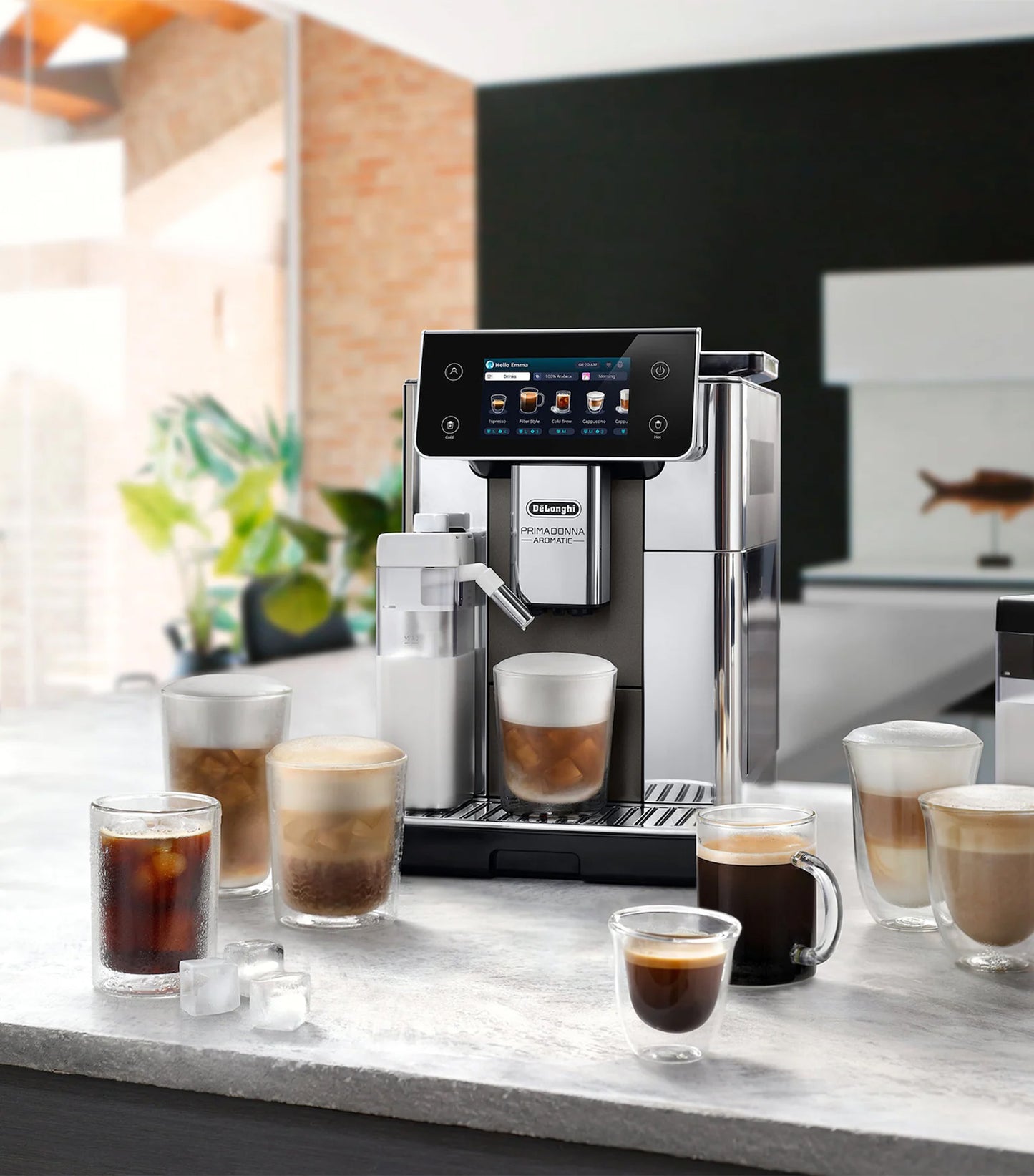 De'Longhi coffee machine on a kitchen counter with various coffee beverages.