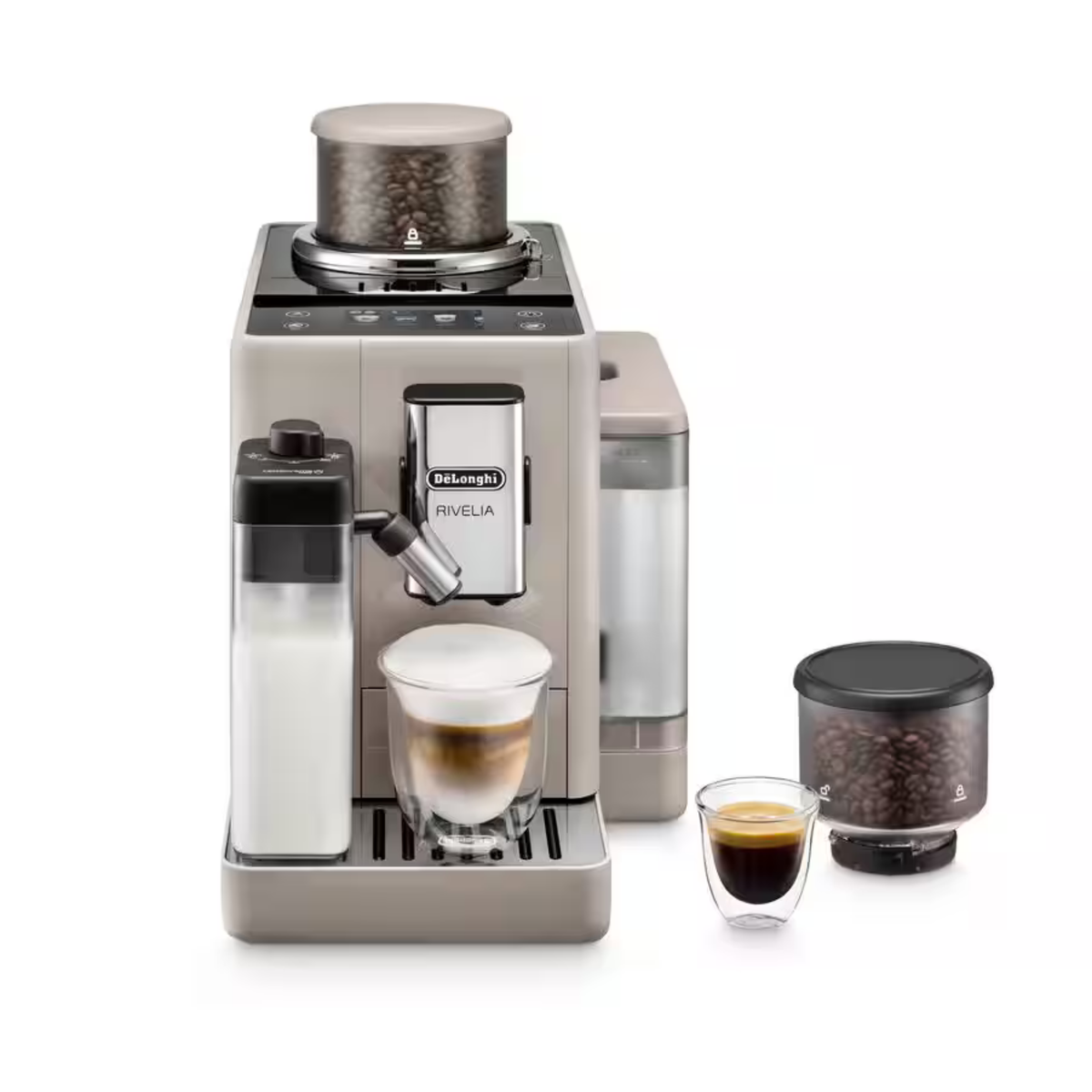 Delonghi coffee machine with two cups of coffee on a white background