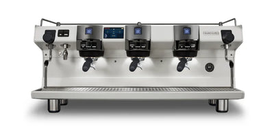 Commercial espresso machine with three groups on a white background