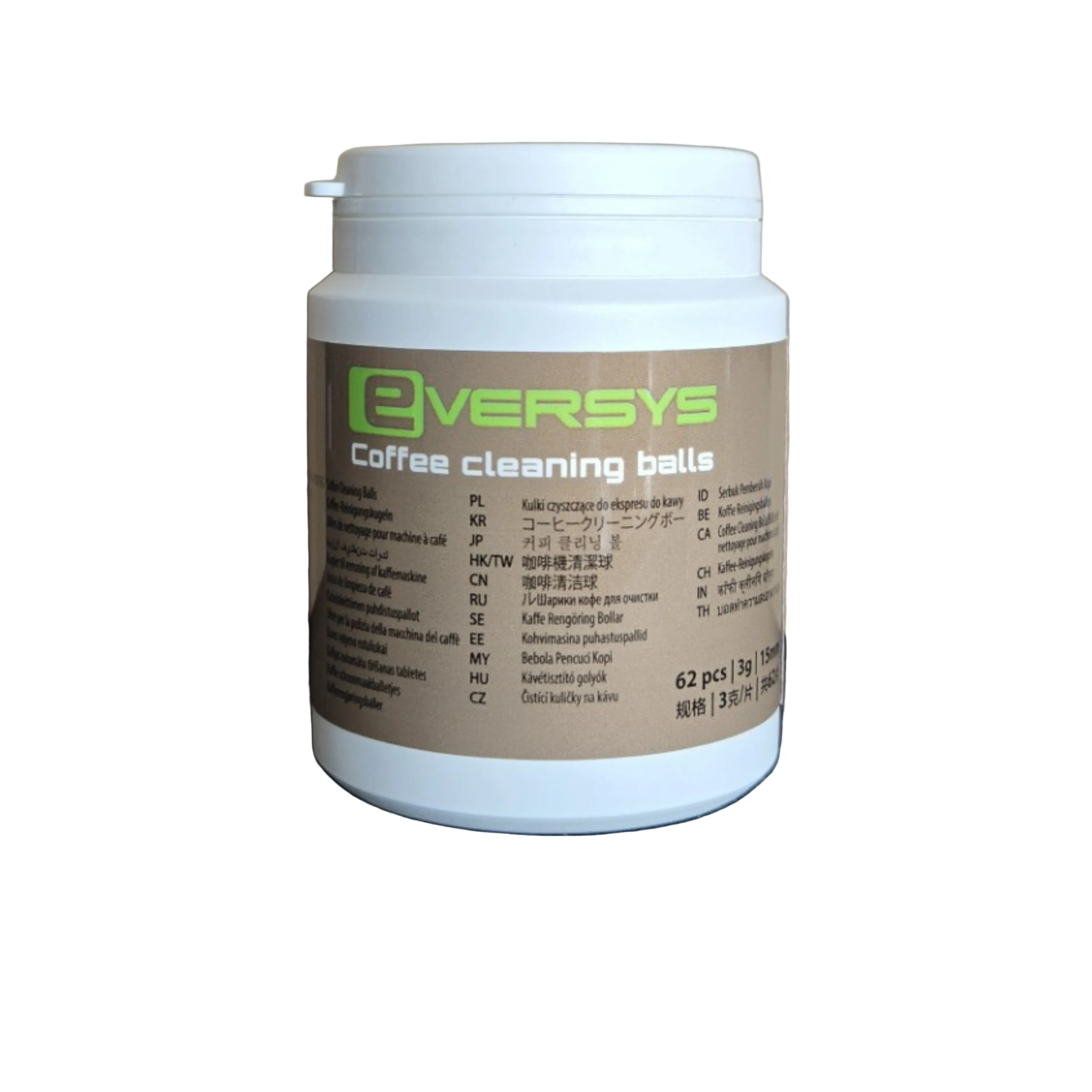 A white plastic bottle of Everys Coffee Cleaning Balls with a brown label against a white background
