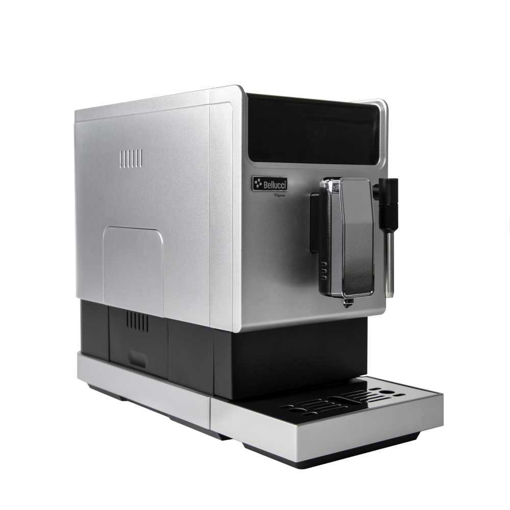 White and black coffee machine with a visible brand logo on a white background